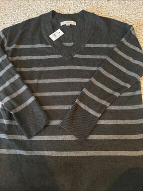 LOFT Charcoal and Light Gray Striped V-Neck Sweater